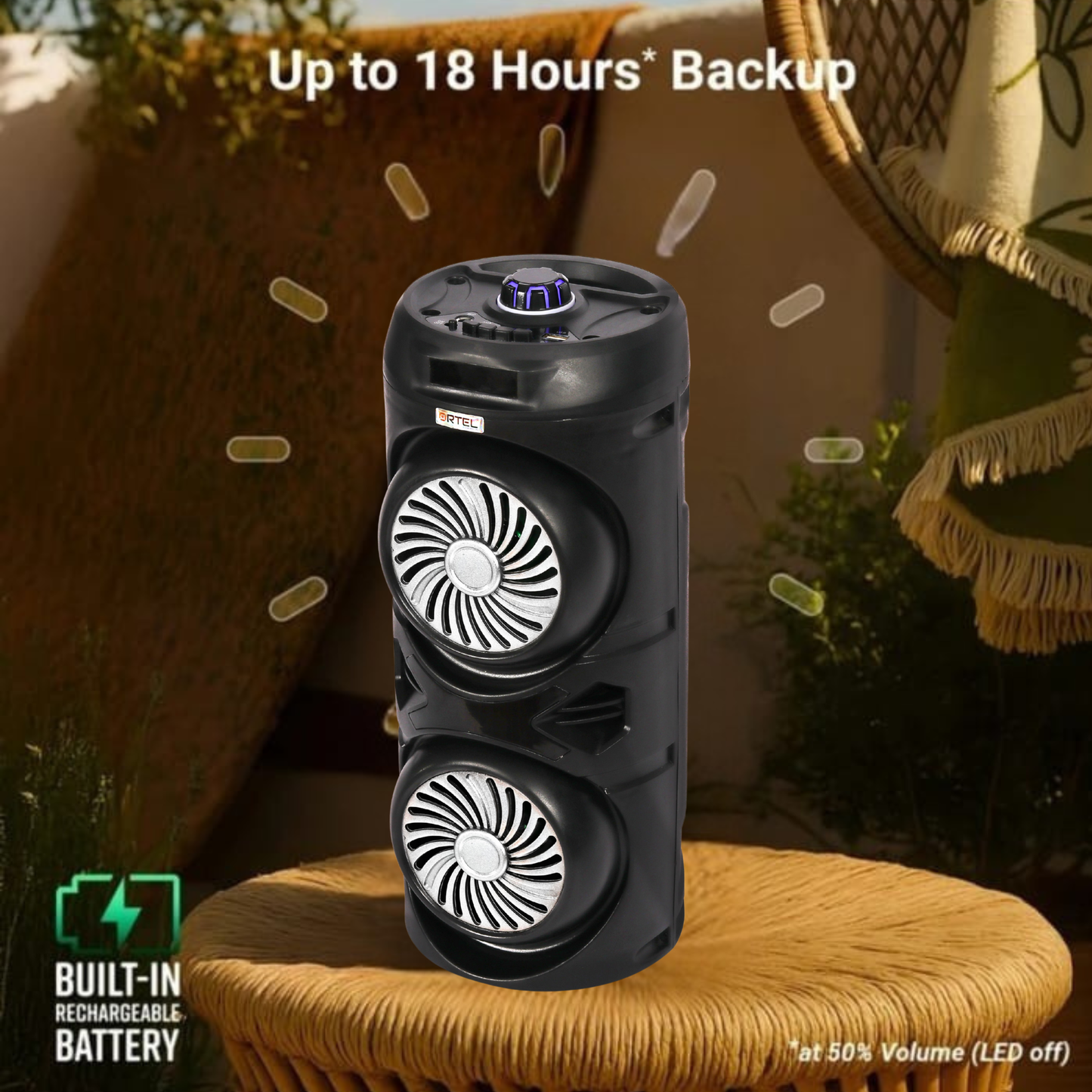 Ortel BOOM BOX Neo (ACCENT), BT v5.3, 14h Backup, Dual 10.16 cm Drivers, 30 W Bluetooth Party Speaker (Black, Stereo Channel)